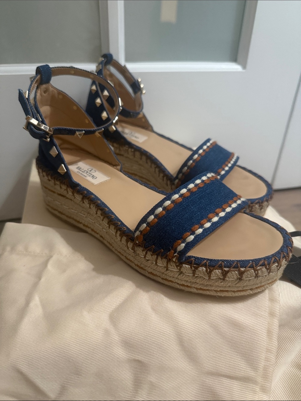 Valentino Denim Blue Espadrille Wedge Sandals with Studded Ankle Strap